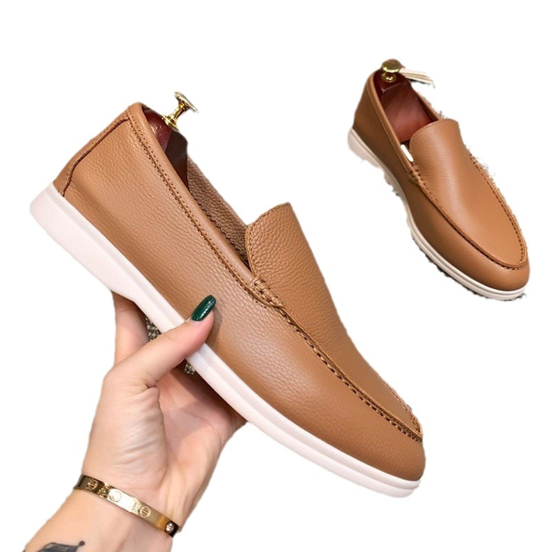 Mocasines de cuero genuino para hombre, mocasines de estilo británico, cómodos zapatos planos sin cordones para parejas, pedidos originales de comercio exterior