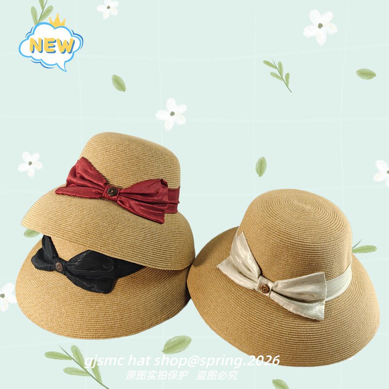 Retro Lampshade-Style Straw Hat for Women, Summer Large Brim Bowknot Bucket Hat, Elegant Beach Hat, Sunshade Hat, Straw Sun Hat