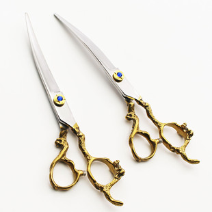7.0inch Semi-gold Dragon Handle Pet Scissors Flat Scissors Curved Scissors Curved Scissors Upper Bending Beautician Hair Trimming Scissors