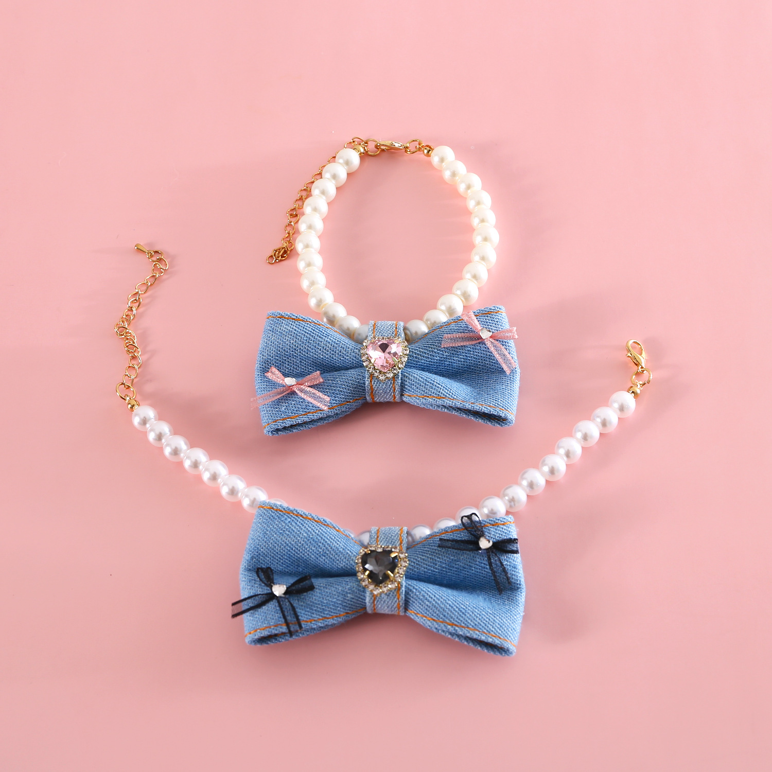 Perla de mascota collar de vaqueros princesa viento amor gemas diamante arco de cumpleaños alemán gato que oso collar