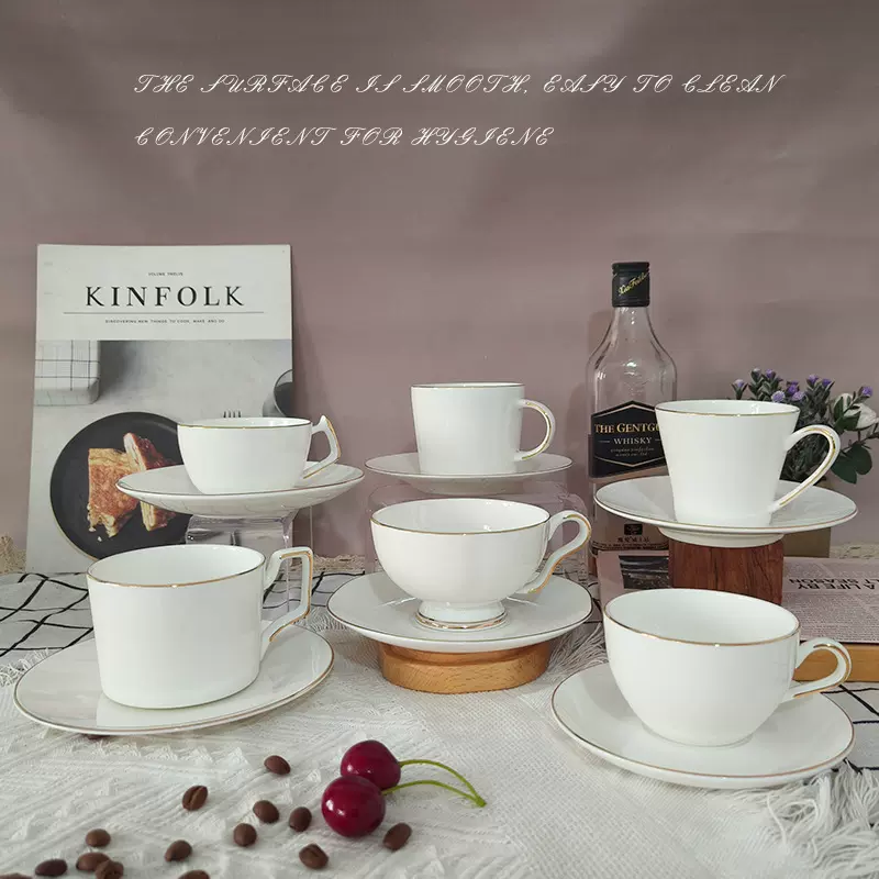 欧式简约纯白清透感陶瓷杯下午茶伴手礼金边骨瓷咖啡杯碟