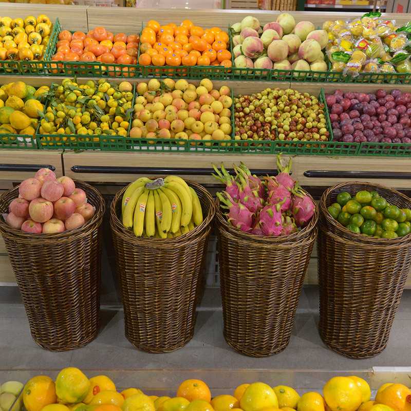 Cestas de exhibición de supermercado de caña de frutas de tela de cestas de almacenamiento de estantes comerciales de sauce tejido a mano cestas de almacenamiento
