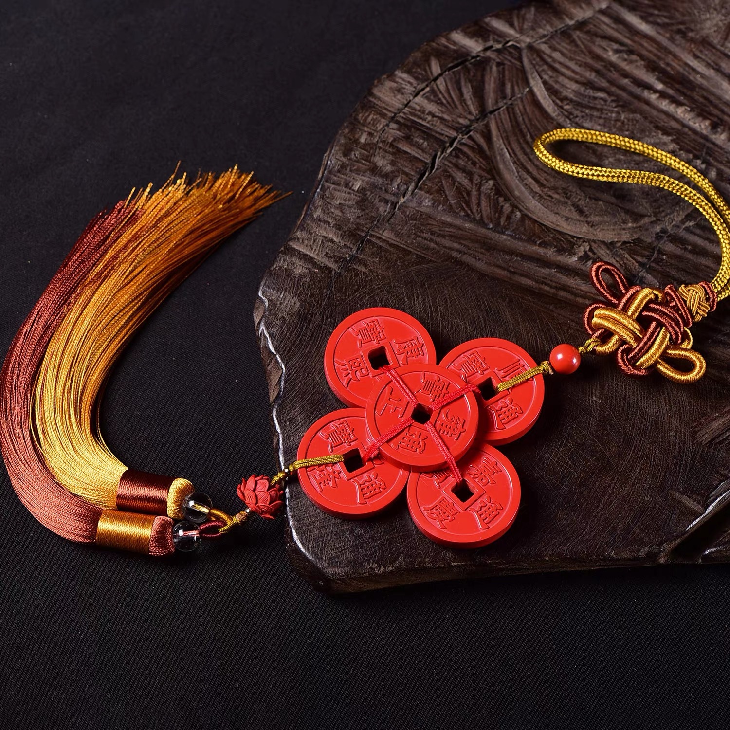 Imperial Sand Cinnabar Five Emperors Money Car Hanging Men's and Women's Chinese Knot Double Tassel Car Hanging Pendant Rearview Mirror Gift