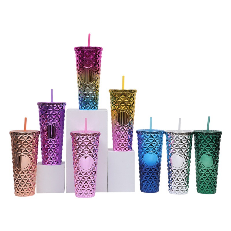 Venta caliente transfronteriza suministro directo de fábrica taza de cristal de galvanoplastia de doble capa taza de paja de plástico de doble capa 24oz taza de agua de gran capacidad