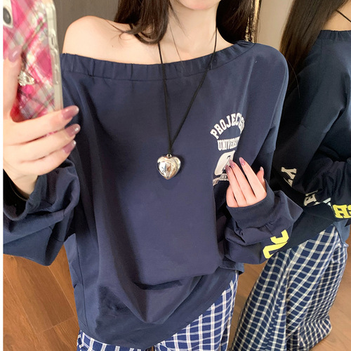 Alphabet print off-shoulder long-sleeved hoodie women's autumn new design loose medium-length casual large version top 