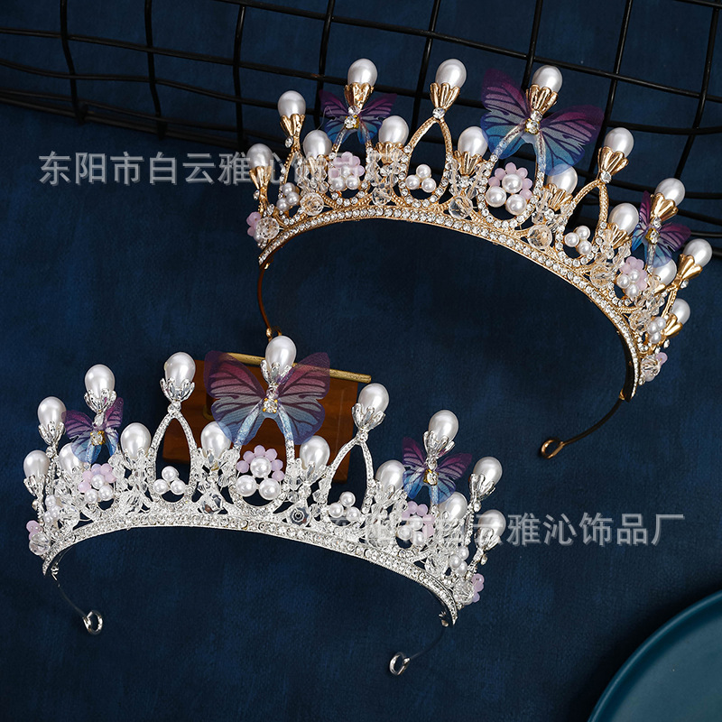 儿童王冠皇冠头饰女孩公主生日演出珍珠发饰蝴蝶水晶中国女小孩