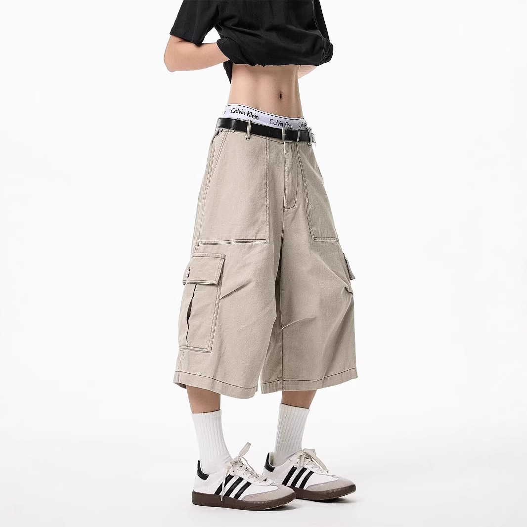 American-Style Multi-Pocket Cargo Shorts for Men and Women, Summer High Street Trendy Brand Sports Cropped Pants, Loose Versatile Wide-Leg Mid-Length Shorts