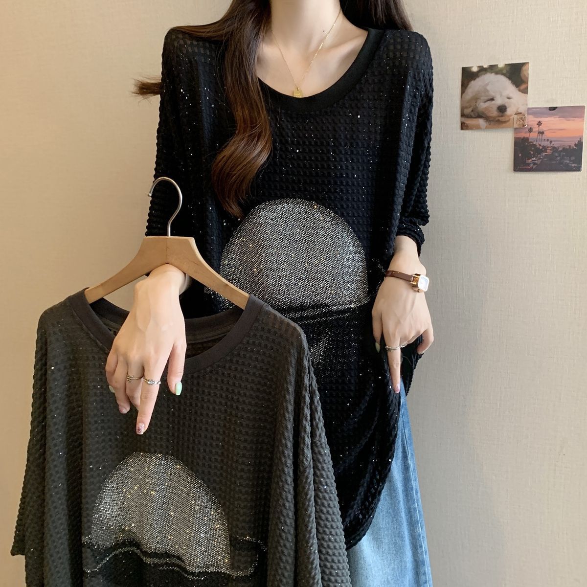 Camiseta de manga corta brillante con textura de gran tamaño para mujer 2024 verano nuevo estilo suelto y delgado que cubre la carne grasa mm top mujer image 5