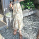 Elegant Ramie halter dress women's 2023 Summer new long over-the-knee design temperament floral skirt fashion