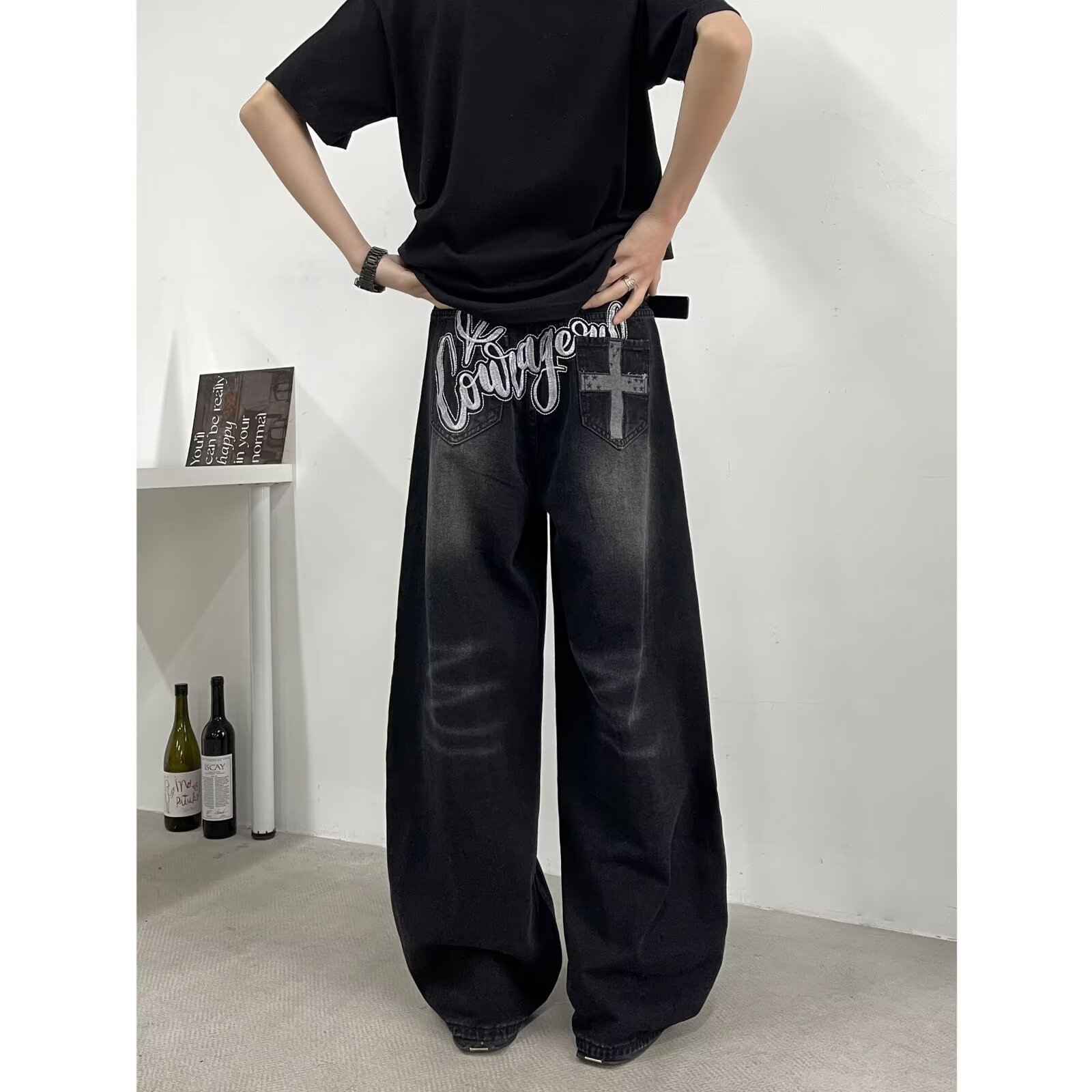 Men's American Vintage Black Saber-Cut Jeans – High Street Drop-Crotch Wide Leg Pants (S-3XL, Heavyweight Washed Denim)_mkmklike.com
