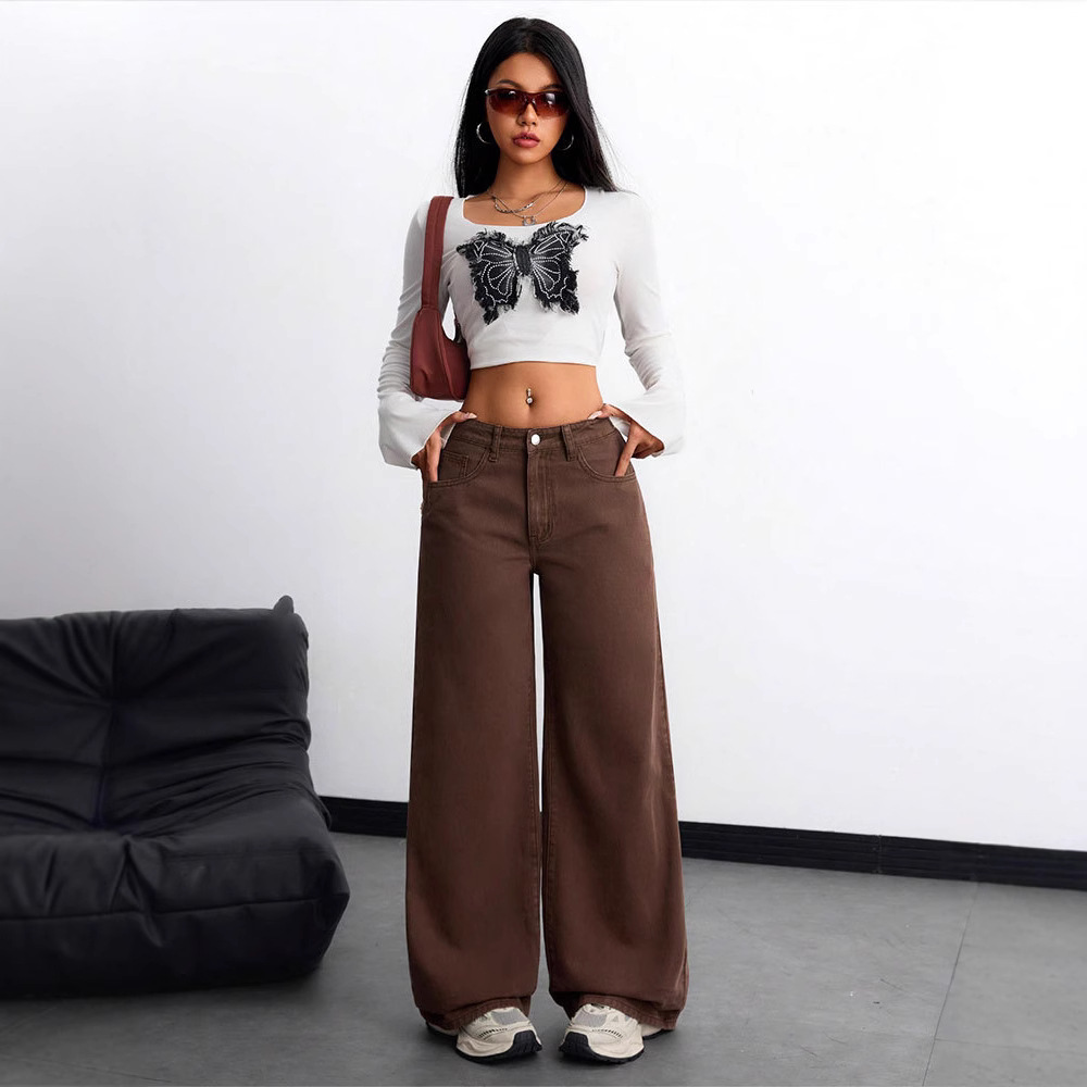 New European And American Style High-waisted Slimming Loose-fitting Floor-length Flared Straight-leg Jeans, Trendy_ecoleips.com