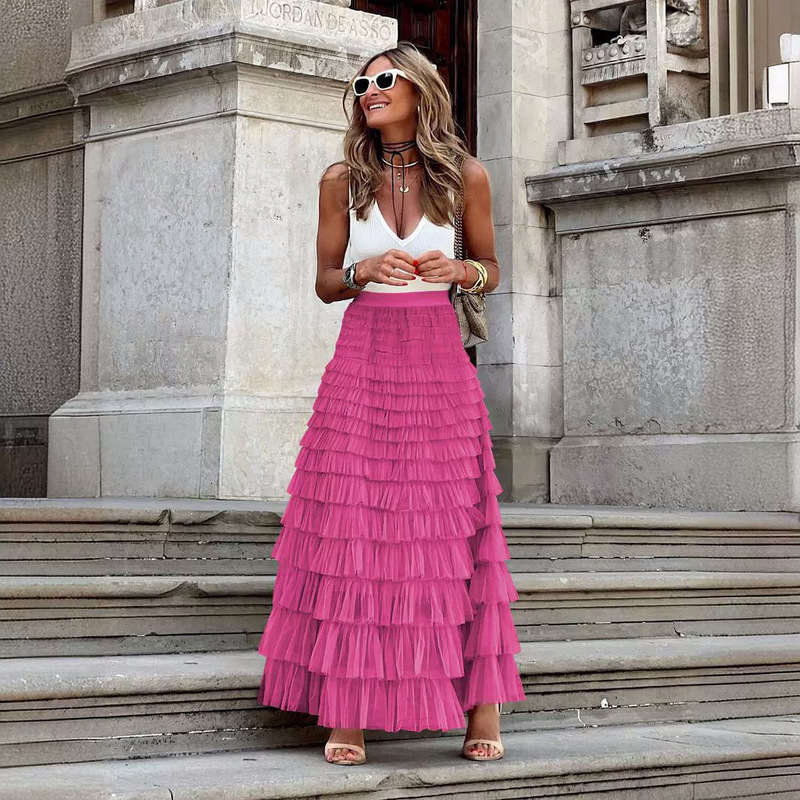 Cross-border New French Style Dress Women's Autumn European and American Elegant Elegant Solid Color High Waist Mesh Cake Skirt