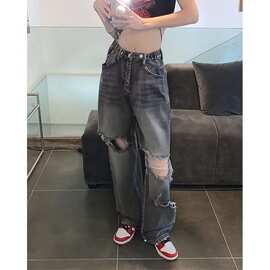 大码胖显瘦新款高腰直筒破洞牛仔裤女2023宽松复古高街潮阔腿裤潮