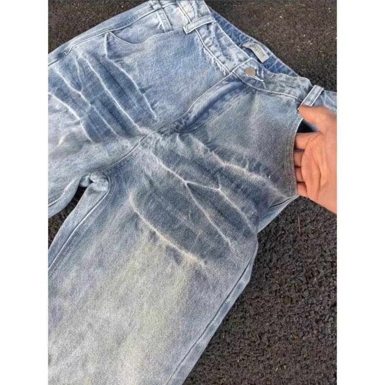 Men's Vintage Washed Blue Jeans with Lightning Bolt Pattern Midweight Straight Fit for Spring Autumn American Style Cool Edgy Streetwear_mkmklike.com