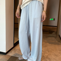 080505 夏季新款女士纯色阔腿裤休闲宽松垂感轻薄直筒冰丝长裤
