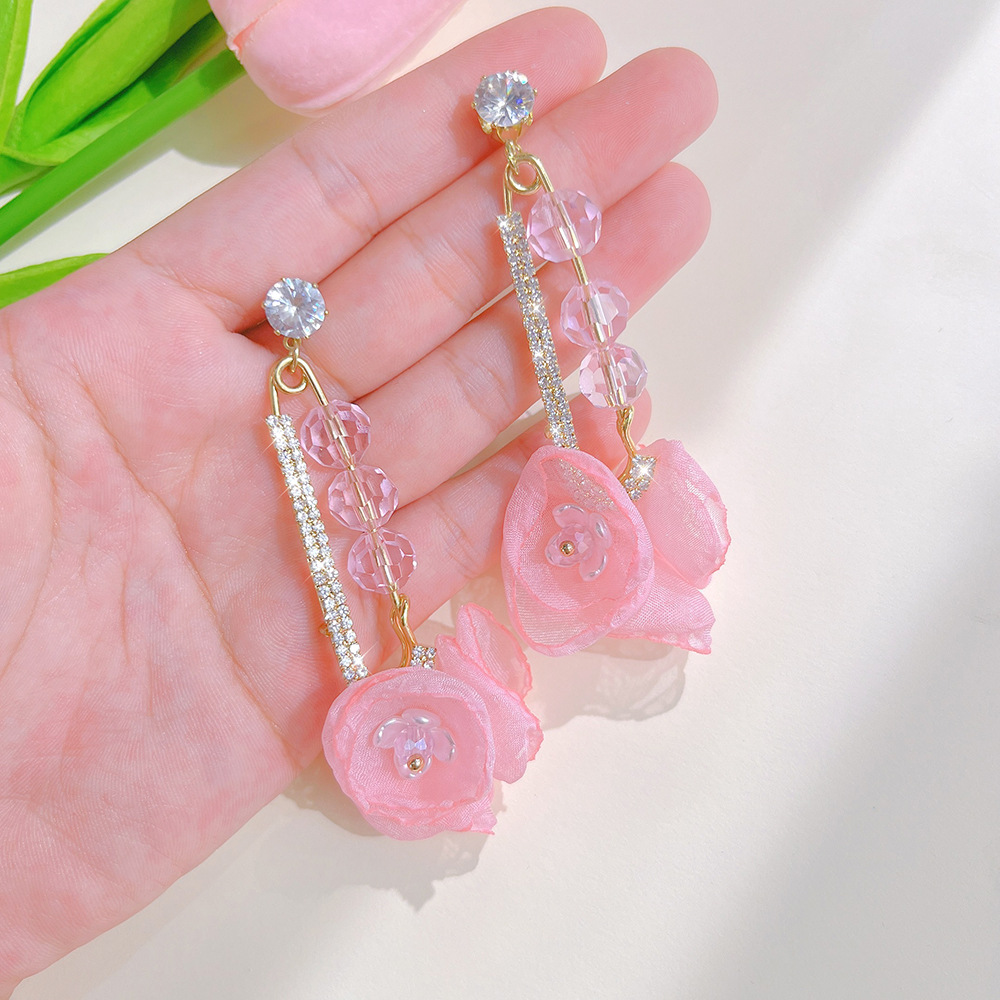 1 Pair Sweet Flower Fish Tail Glass Metal Rhinestone Womenu0027S Chandelier Earrings