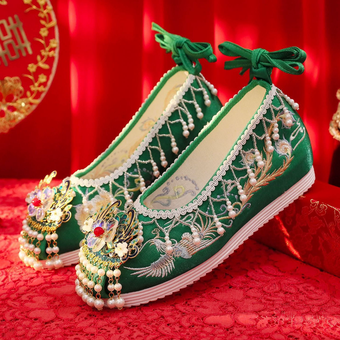 Обувь Hanfu Свадебные туфли с жемчугом Xiuhe, туфли с вышивкой, Женские китайские красные свадебные туфли в старинном стиле Hanfu, увеличение внутреннего роста, старинные Костюмные туфли