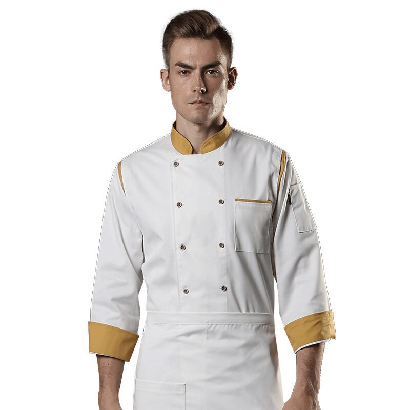 黄领厨师主管工作服 餐厅饭店大厨制服 长袖可折叠 可绣字印logo