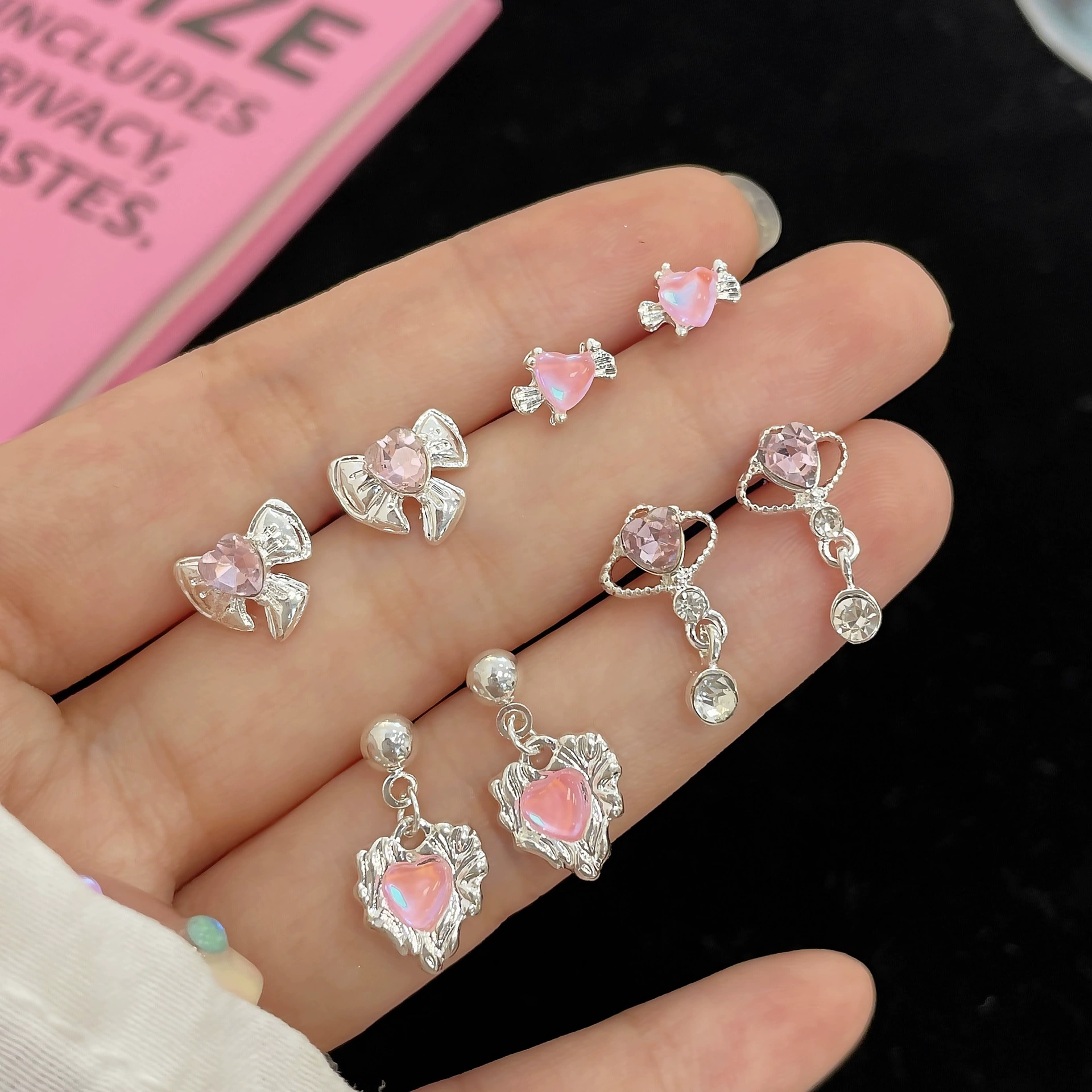 Набор серёг (SHUANG X) S925 серебряная игла, розовые кристаллы, 6 пар милый микс