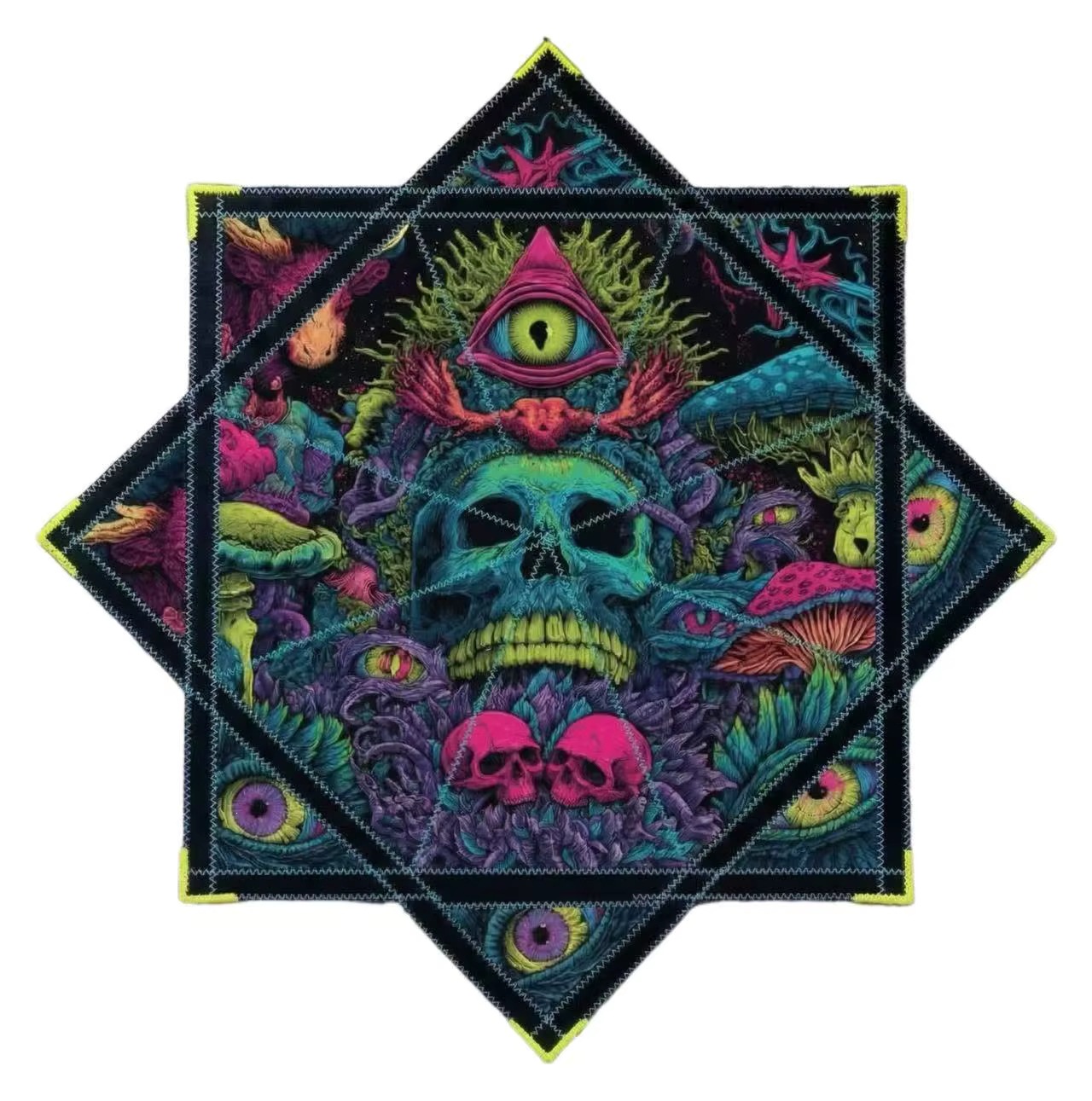 UV-emitting star rotating fabric, Dapo juggling toy, skull theme, UV reactive square.