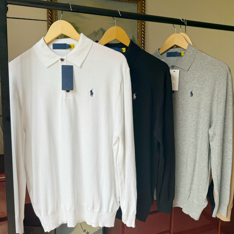 Áo polo nam dài tay cotton thêu hình ngựa nhỏ, cổ bẻ ba cúc, phong cách công sở — Màu kaki, Màu trắng, Màu xanh tím than, màu xám chi tiết 6