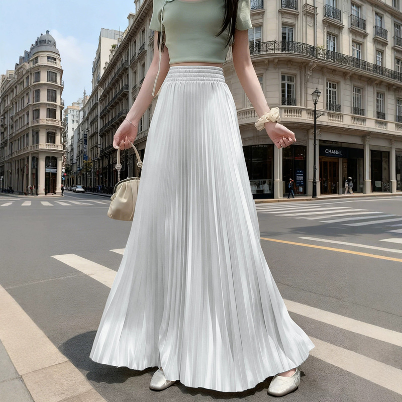 Smooth and Draped Satin Pleated Skirt for Women, Summer 2026 New Style, Extra-Large Hem Floor-Length Skirt, Elegant A-line Skirt