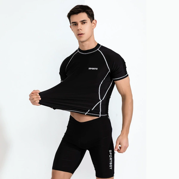 Black line top + hemmed swimming trunks