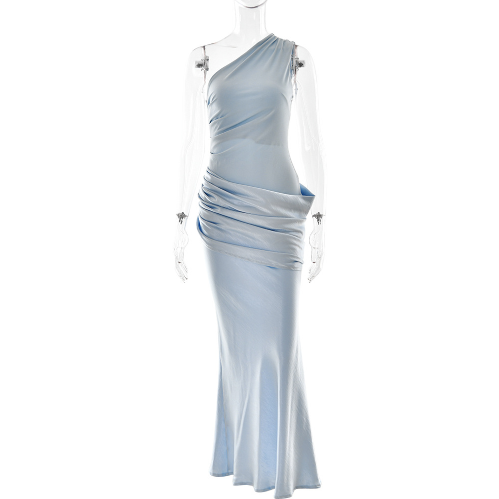 Commercio estero transfrontaliero Stile europeo e americano Monospalla Scollo diagonale Raso plissettato Vestibilità aderente Aderente Lungo_voghion.com