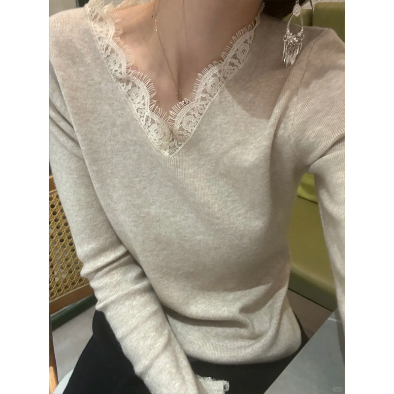 Fairy Style Atmosphere Sense Lace Stitching V-Neck Knitted Base Shirt Women's Autumn and Winter Miu Style Inner Slim Sweater Top