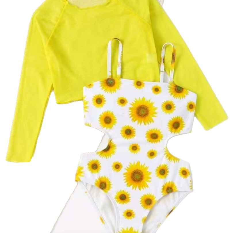 Modischer einteiliger Badeanzug für Mädchen, zweiteiliger Badeanzug mit Sonnenblumenmuster aus Mesh für Kinder (3-7 Jahre)_voghion.com