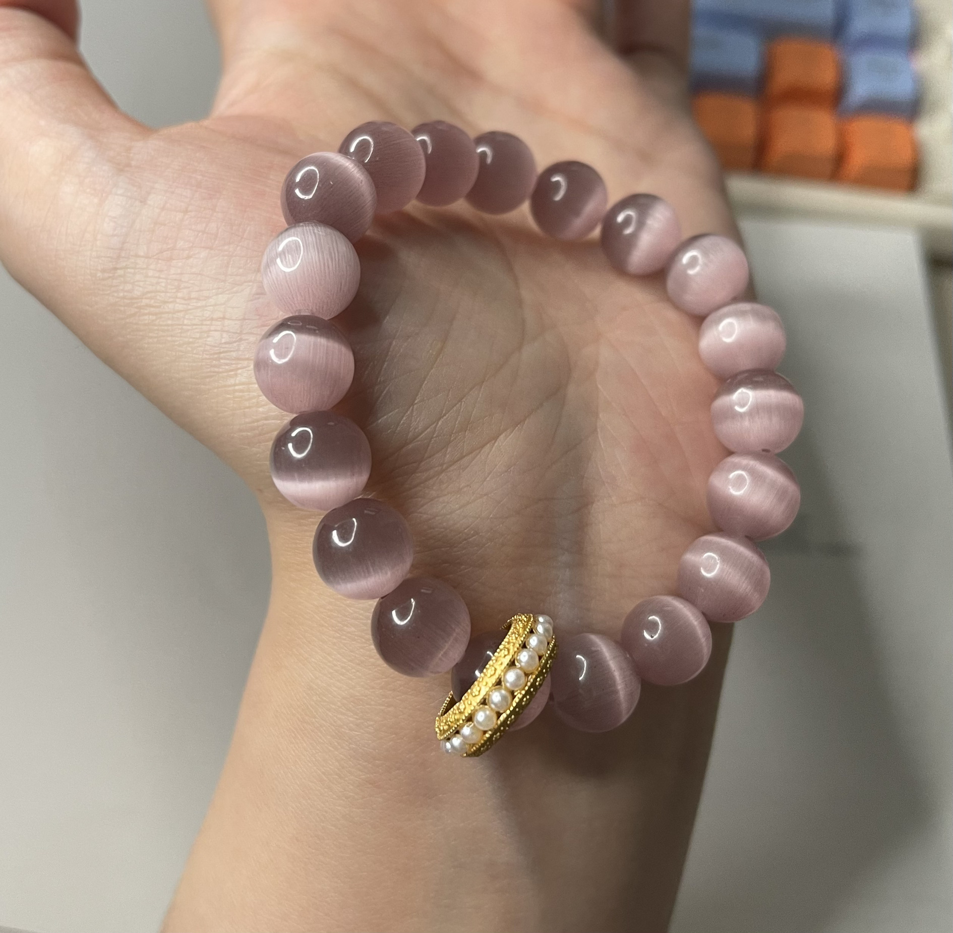 Rosa Katzenaugen Steinperlen Armband Elegant Für Damen_voghion.com
