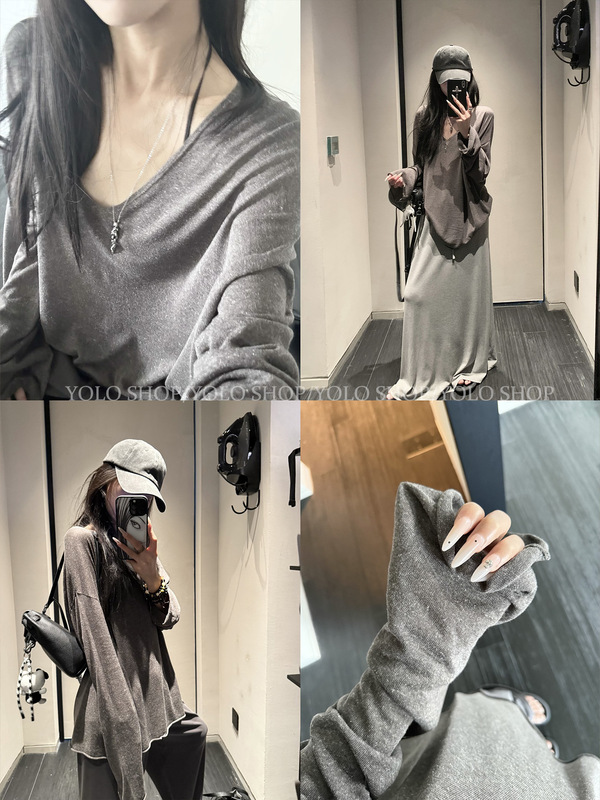 YOLO SHOP  莱赛尔亚麻V领百搭针织长袖上衣女初秋慵懒休闲风罩衫|undefined