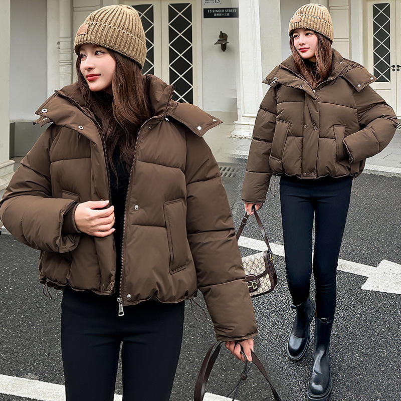 Europa americana ropa de algodón corta mujer invierno 2025 nuevo estilo de moda con capuzas curry grueso chaqueta de algodón