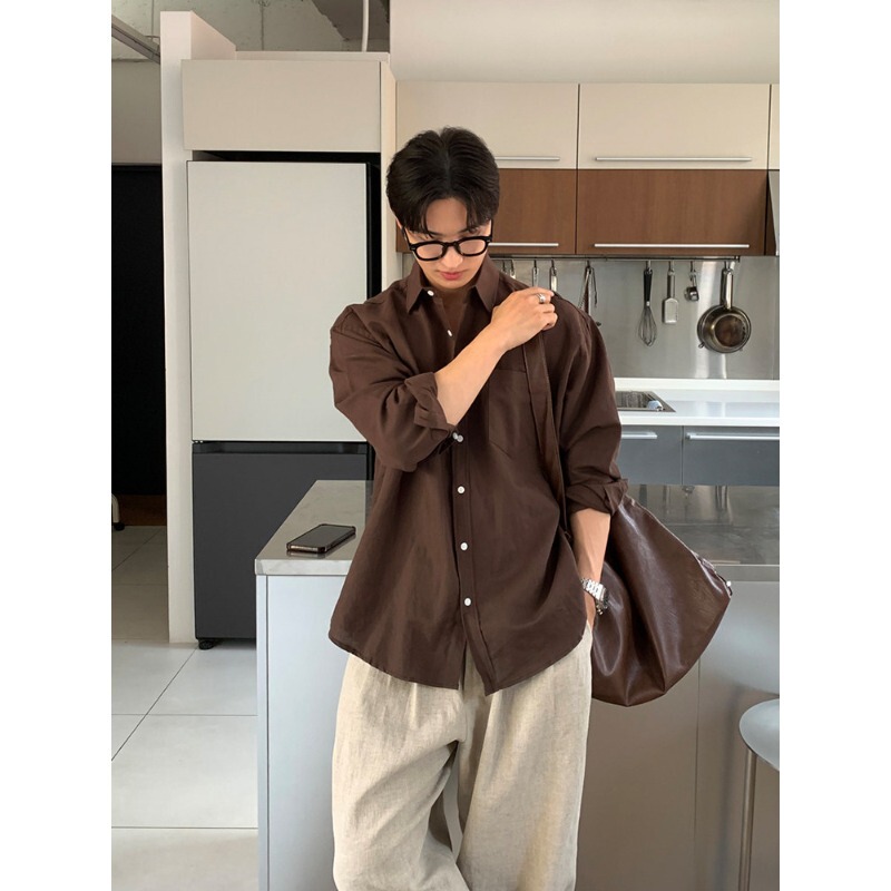 2026 Cross-Border Cotton and Linen Long-Sleeve Shirt for Men, Spring and Autumn Trendy Stylish Versatile Melard Brown Ins Solid Color Jacket