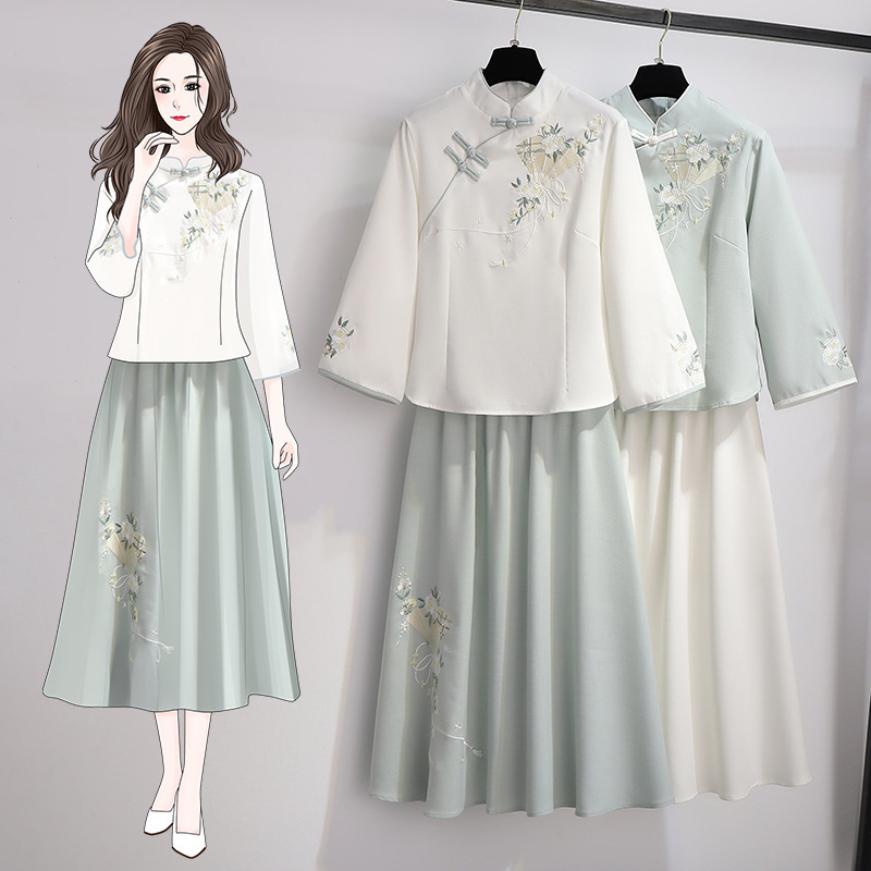 民族风女装旗袍上衣唐装两件套秋夏新款棉麻绣花汉元素汉服茶服|undefined