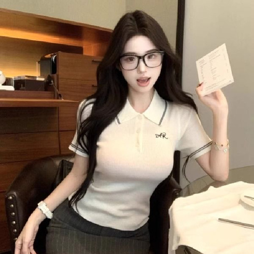 Contrast-color embroidery polo-neck short-sleeved knitted T-shirt women's summer slim waist waist design temperament figure top