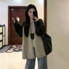 复古灰色长袖毛衣女秋冬拼接插肩袖针织开衫上衣外套