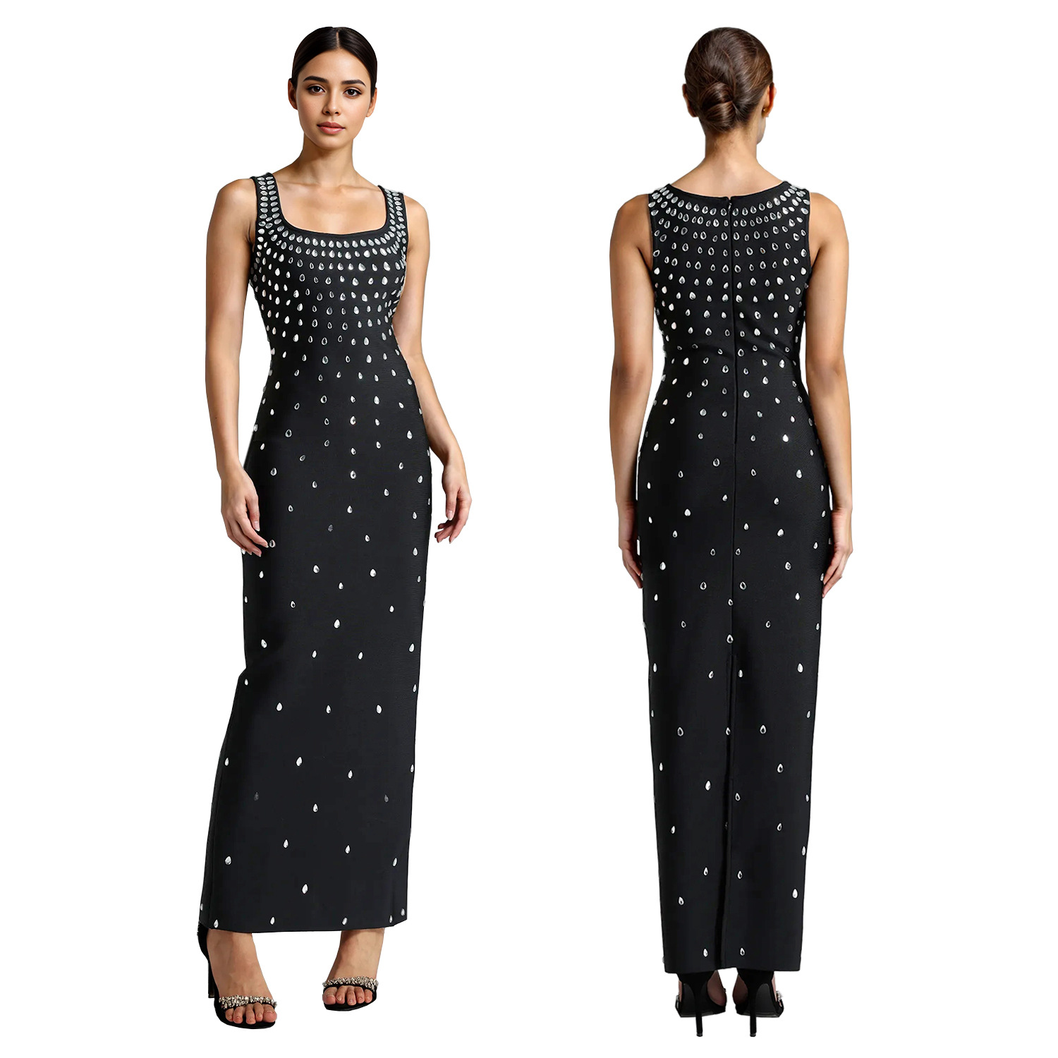 C7117 cross-border AliExpress Amazon Europa y América moda de mujer caliente diamante U cuello sin mangas bolsa de cadera vestido ajustado image 6
