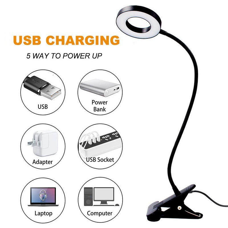 LED clip lamp, USB powered, 3‑color 30‑mode dimming, 50 cm gooseneck