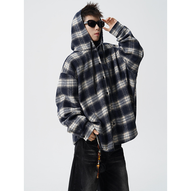 Cs535 American-Style Plaid Hooded Shirt for Men 2026 Spring and Autumn Retro Lazy Style Design Shirt Sports Jacket