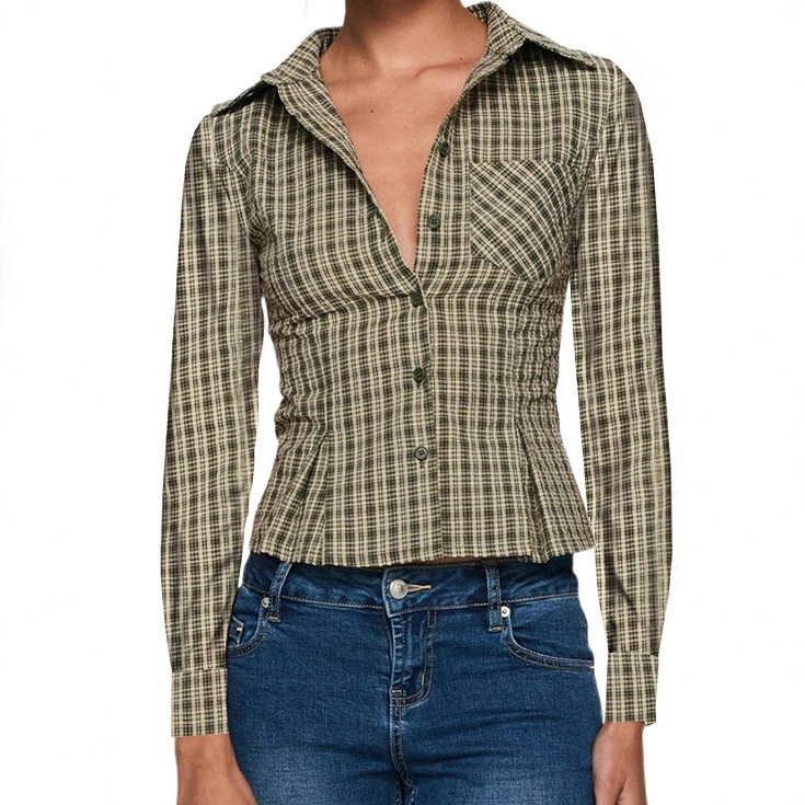 Cross-Border European and American Clothing New Amazon Independent Station Plaid Single-Breasted Design Long-Sleeved Hot Girl Shirt for Women