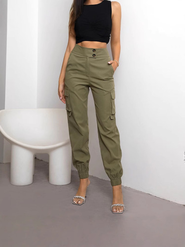 Women's solid-color casual ankle-tied multi-pocket workwear trousers—slim-fit, figure-flattering, minimalist European and American style with slight stretch.