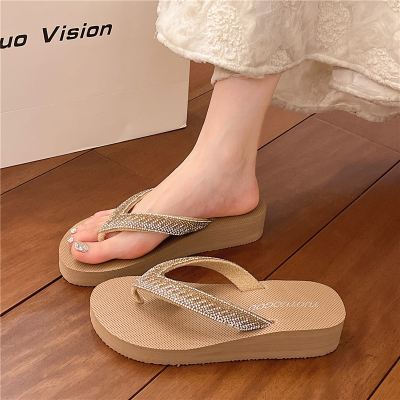 Top Quality Women's Outdoor High-Heeled Sandals, Mid-Heel Flip-Flops, Shallow Fairy-Style Square-Toed Rhinestone Simple Design 2026_voghion.com