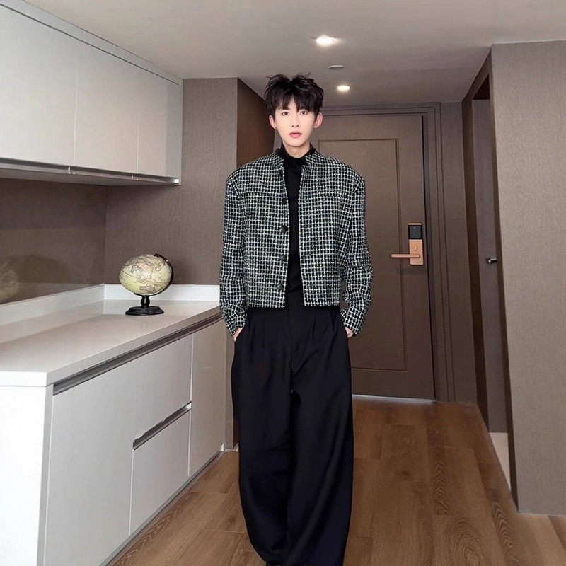 Tweed Chanel-Style Blazer for Men, Autumn Silhouette American Shoulder Pad Jacket, Short Houndstooth Suit Top