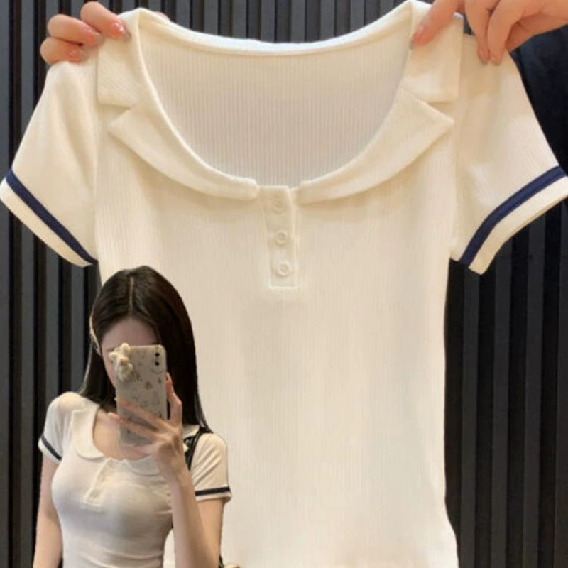 Pure Desire в студенческом стиле контрастного цвета, женская летняя футболка с короткими рукавами и лацканами, новый топ, милая облегающая нишевая футболка