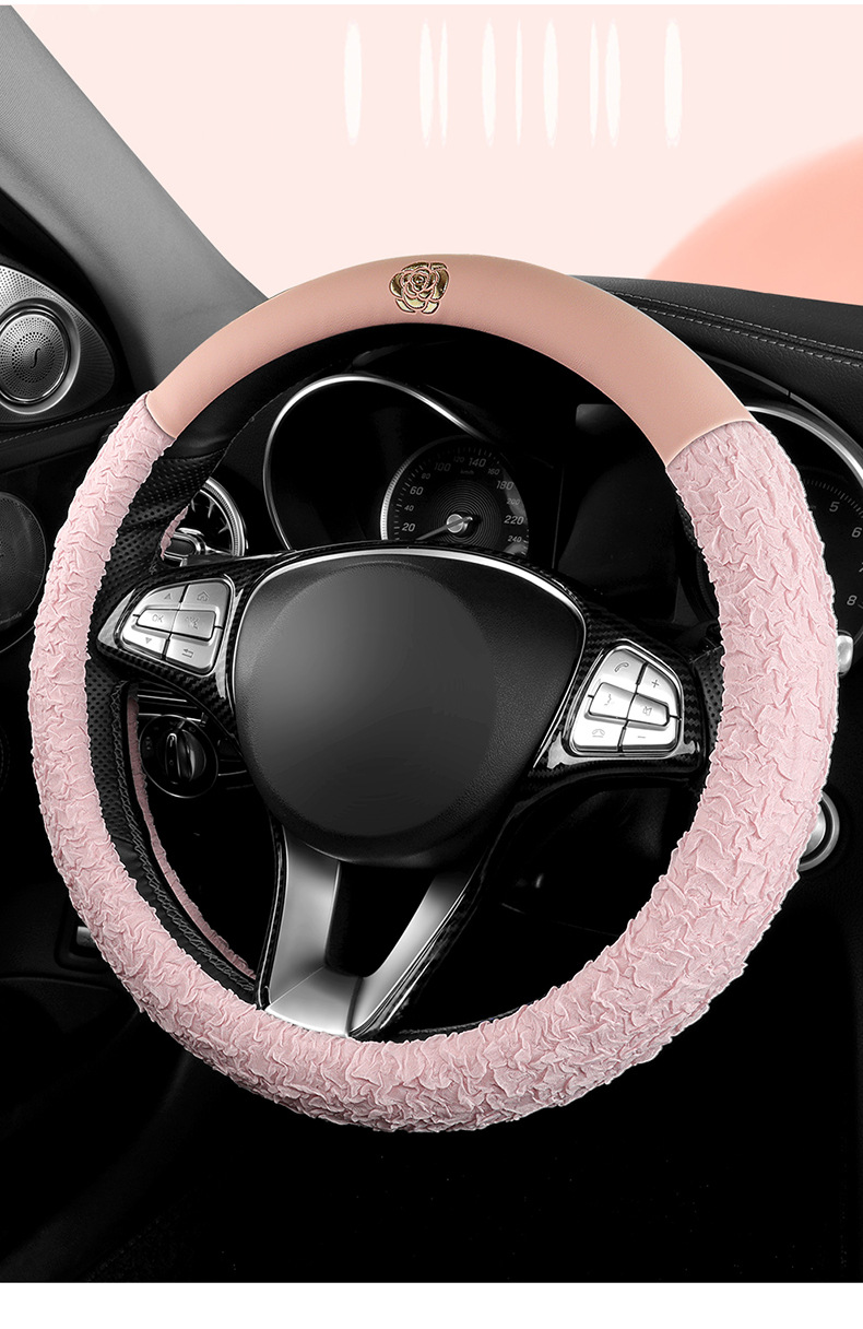 New All-Season Camellia Car Steering Wheel Cover, Delicate, Breathable and Wear-Resistant Pebbled Leather Soft Handle Cover
