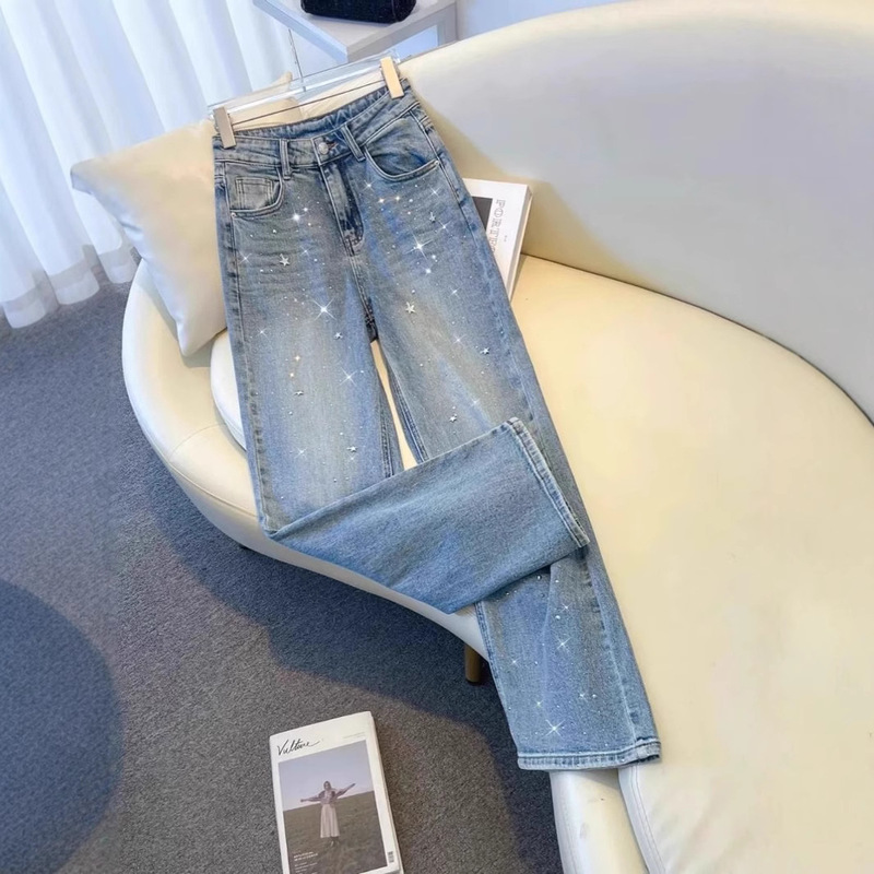 Pear-Shaped Straight-Leg Jeans Women's 2025 Summer Popular Light Color Star Rhinting Design Sense Narrow Casual Wide-Leg Pants