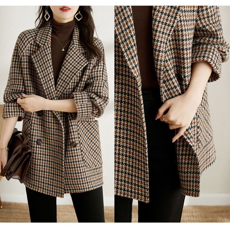 Korean style houndstooth woolen coat for women 2023 new autumn and winter lazy style loose slimming casual overcoat for women