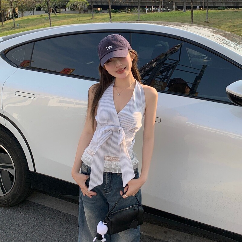 フレンチ V ネックボウストライプホルターネックキャミソール女性の夏のホットガールインナーウェアショートトップシェニール|undefined