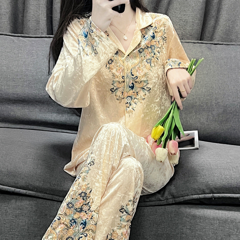 Velvet Pajamas Autumn and Winter Women's Set Spring and Autumn Winter High-End Fleece Thickened Winter Gold Diamond Velvet Loungewear